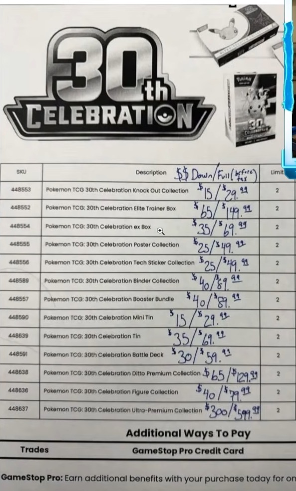 Leaked GameStop 30th Celebration pre-order sheet with prices at roughly 3x MSRP